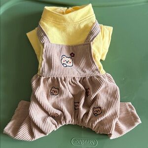 Yellow and Brown Pet Overalls Outfit with Bear Design Small Excellent Condition